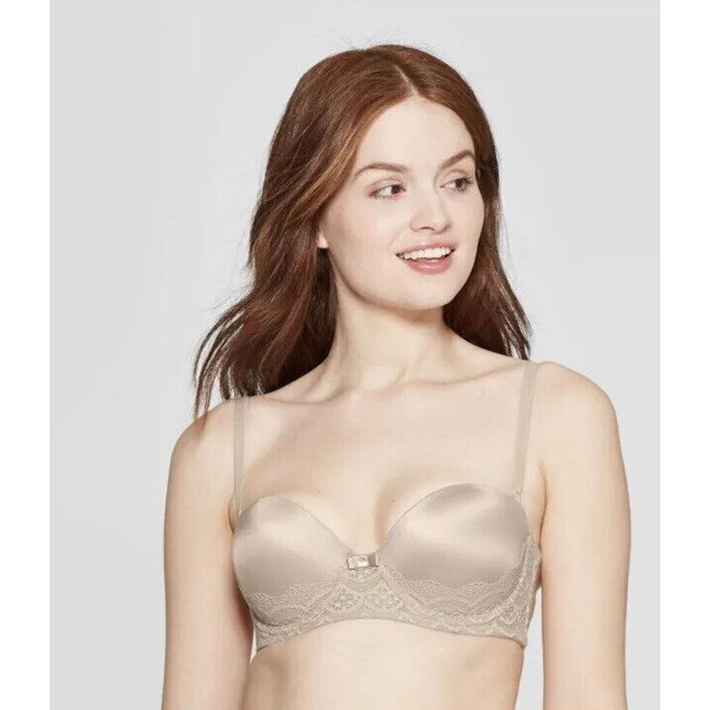 Auden Womens Plunge Push-Up  Bra Convertible Straps Soft Beige 32B NWT